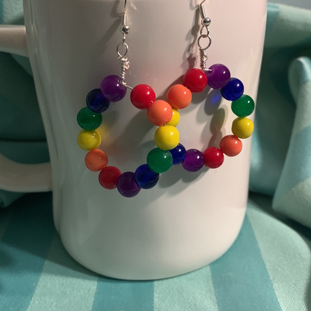 Rainbow Glass Beaded Hoop Earrings - Picture 4 of 7